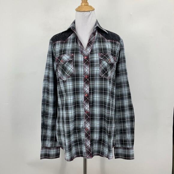 Cowgirl Legend Shirt Women L Large Gray Pink Lace Panel Plaid Pearl Snap Western - Picture 2 of 12